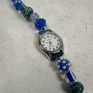 Watch-it Watch Womens 25mm Round Handcraft Blue Beaded Band 6.25" New Battery